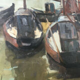 Painting Piet VOLCKAERT (1902-1973) HST Docked boats with urban marine crane