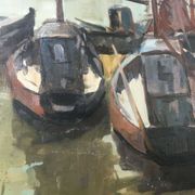 Painting Piet VOLCKAERT (1902-1973) HST Docked boats with urban marine crane