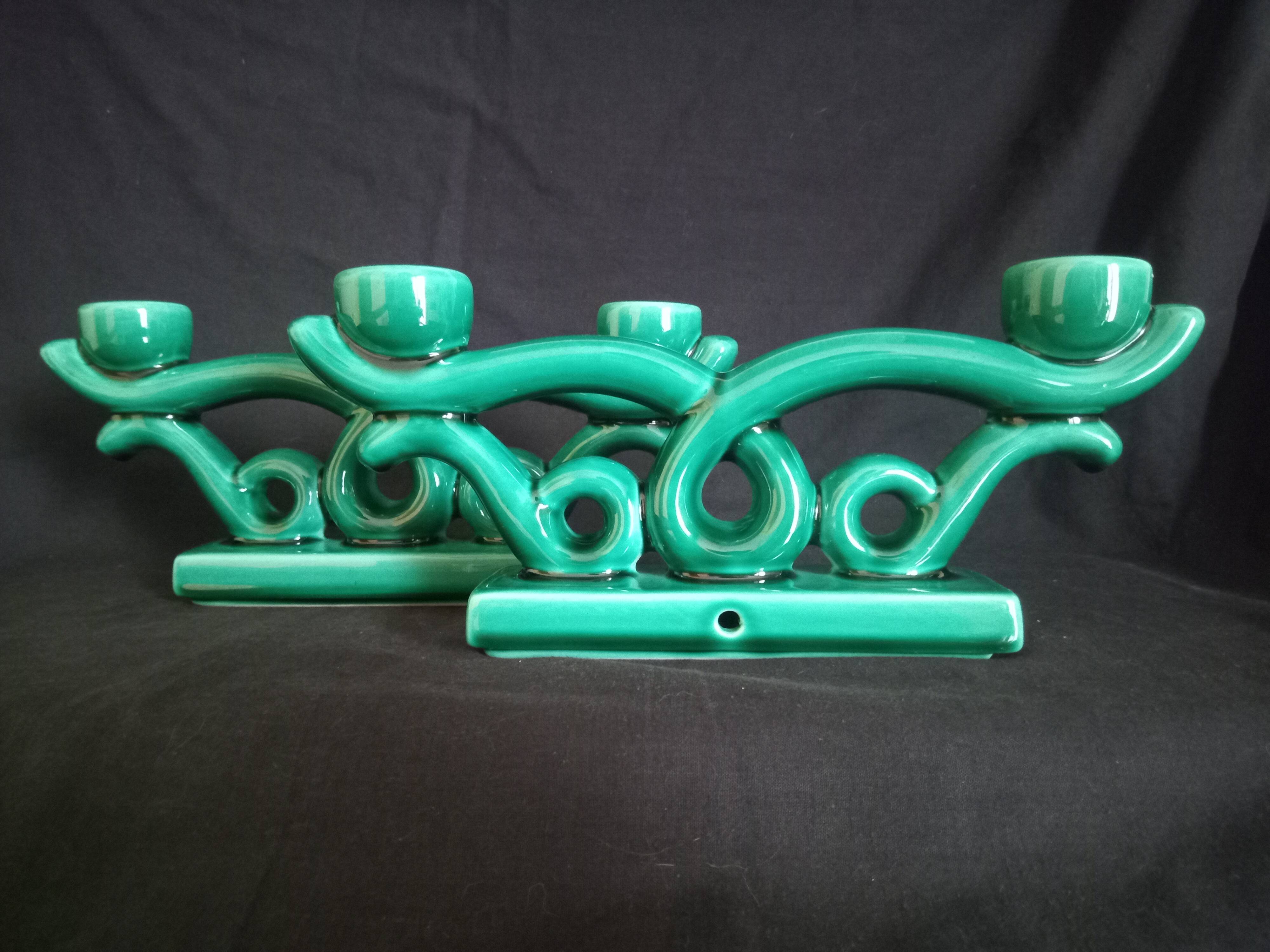 Pair of two-arm ceramic candle holders from Vallauris