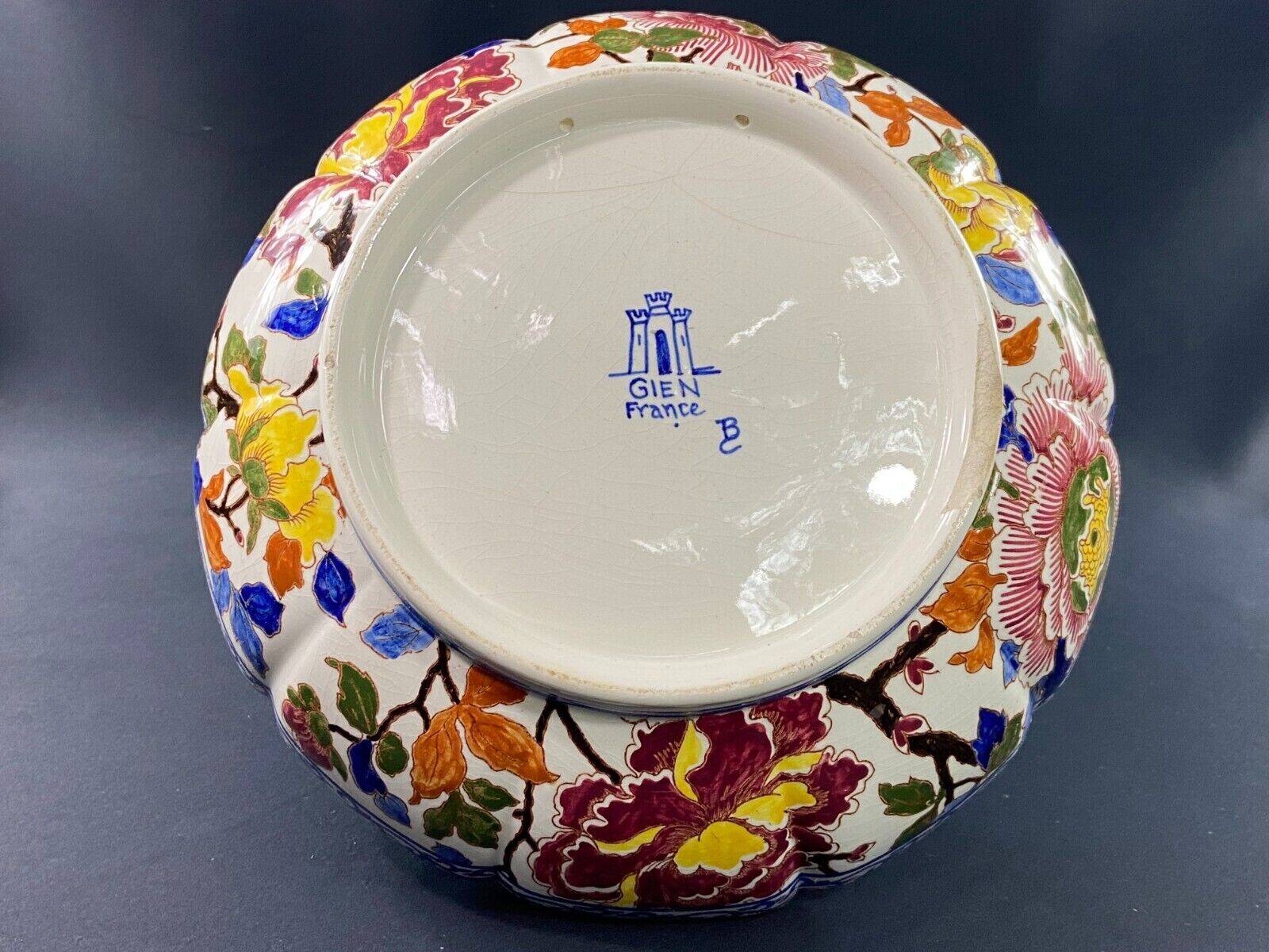 Deep dish, centerpiece, melonnière bowl in Gien earthenware, Peonies decor