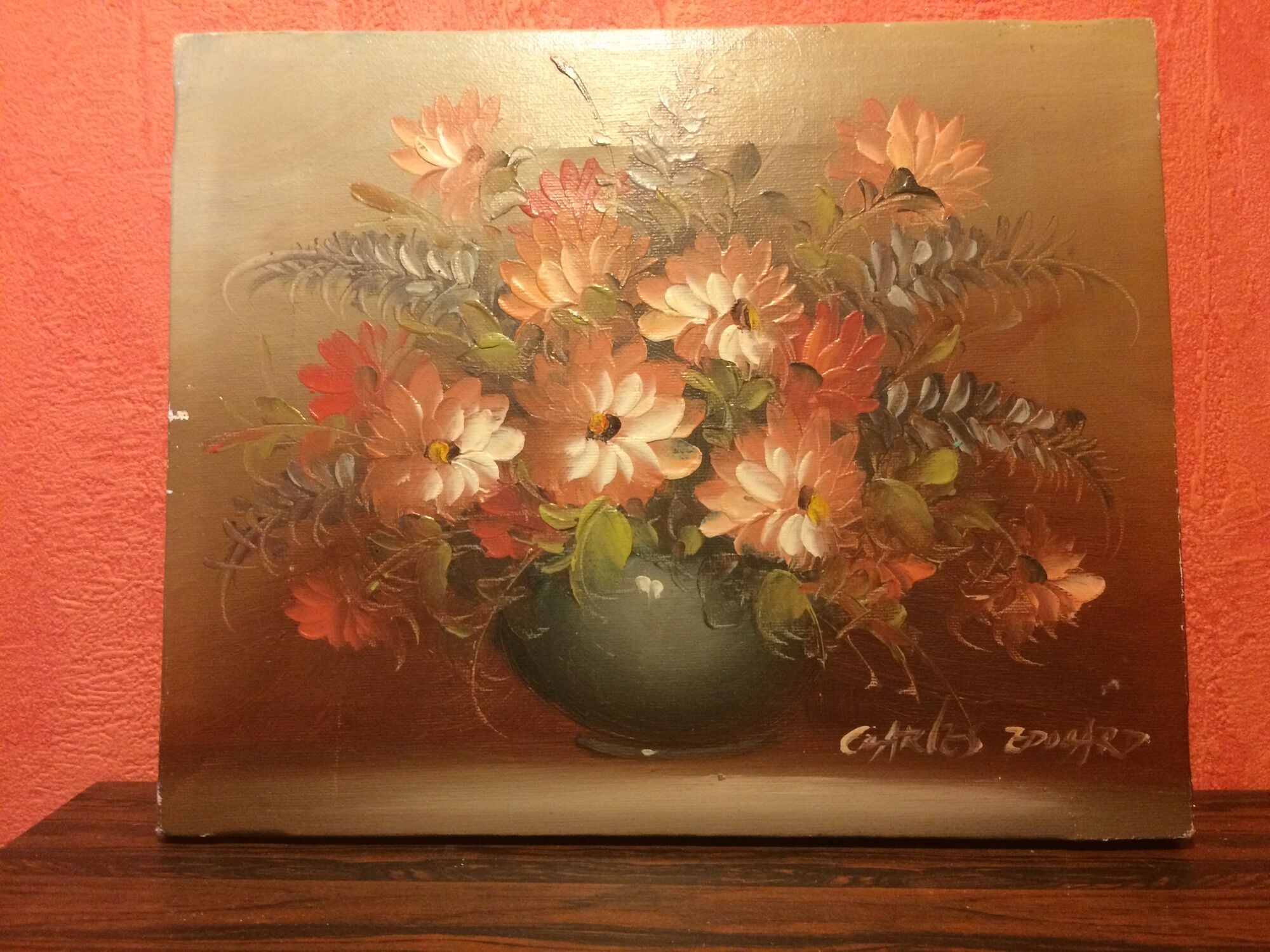 Ancient oil painting Charles Edouard vintage flower bouquet