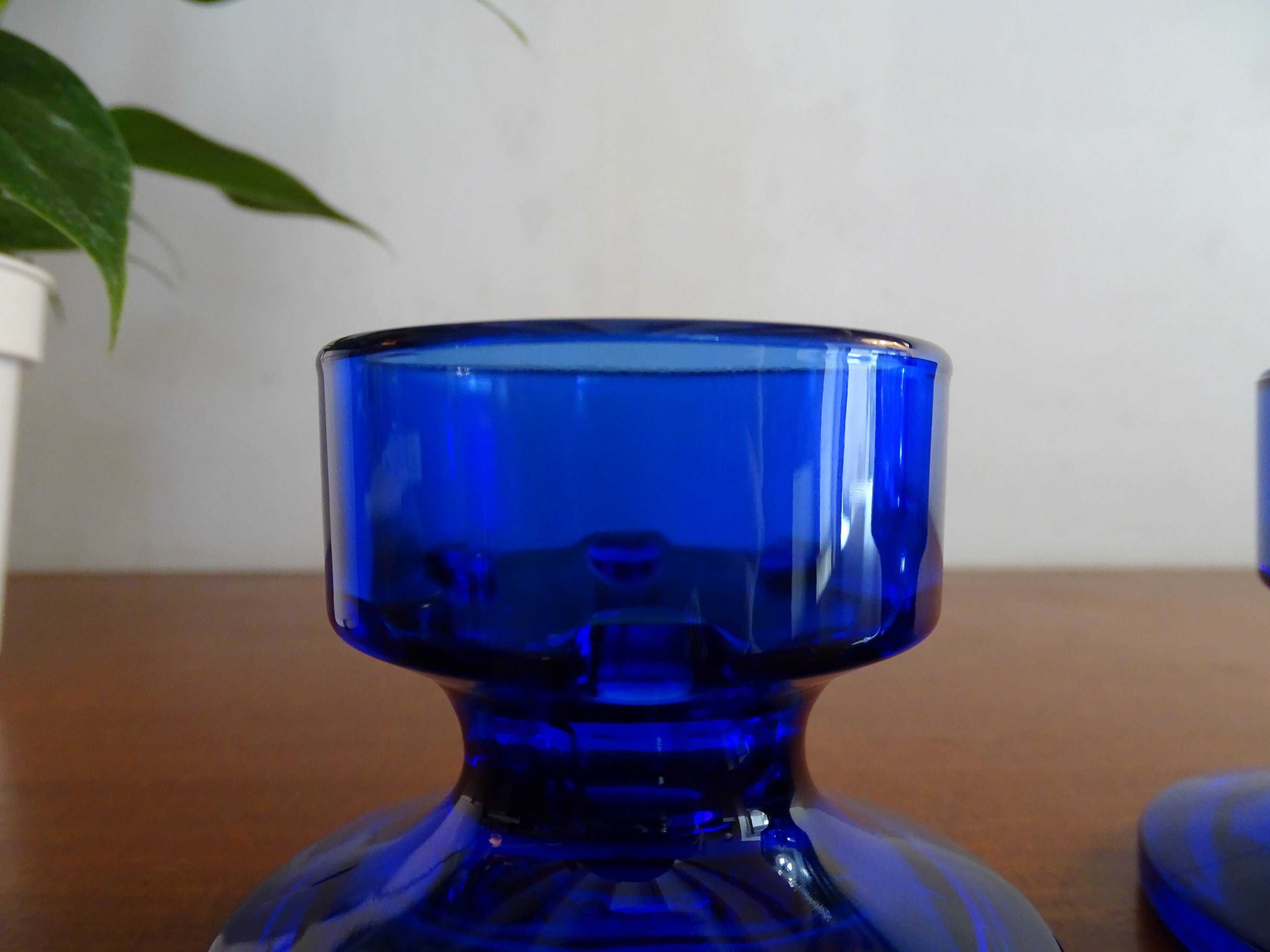 Pair of cobalt blue molded glass candle holders