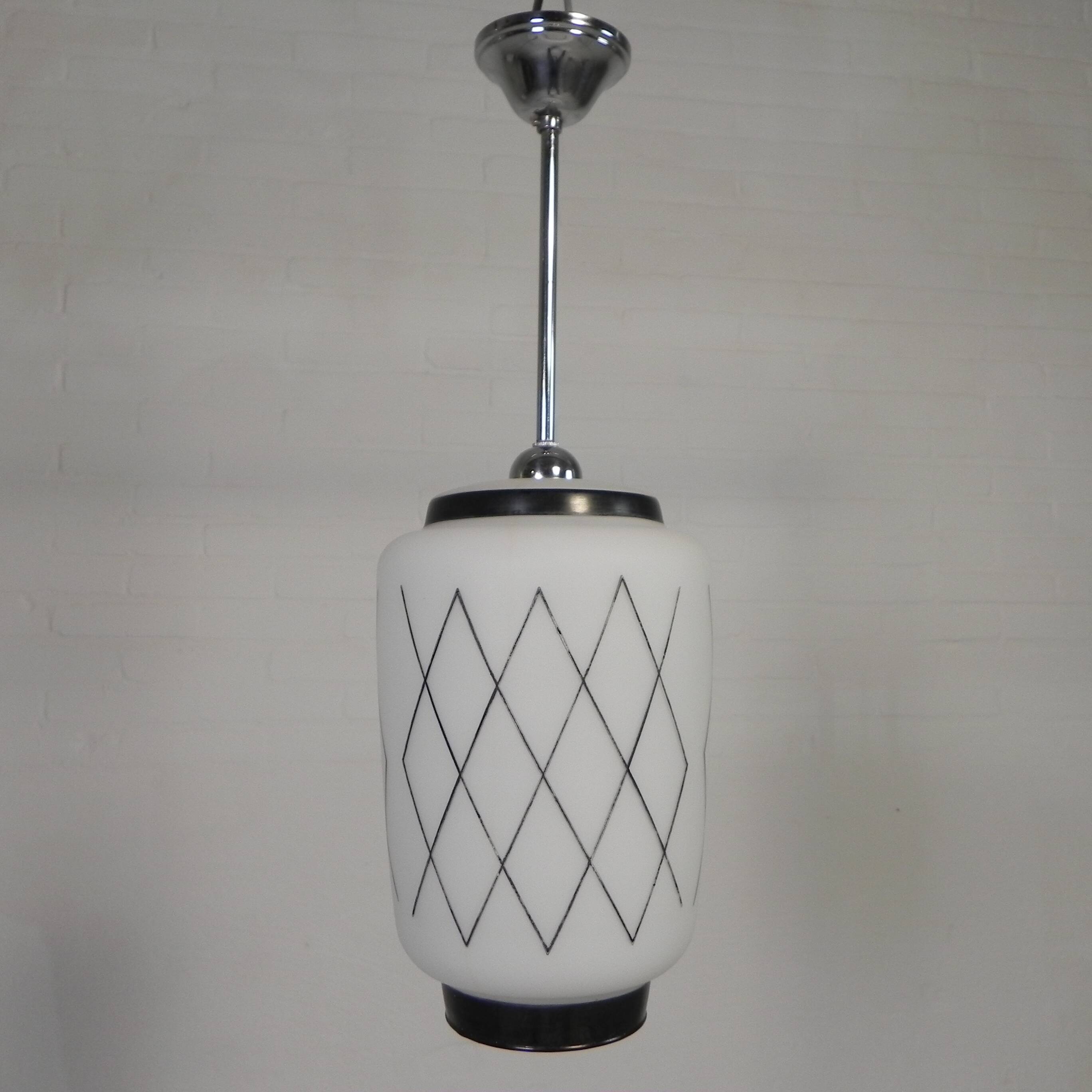 Vintage suspension with opaline lampshade and black decoration, 1950s.