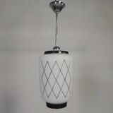 Vintage suspension with opaline lampshade and black decoration, 1950s.