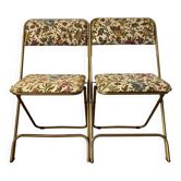 Chaises pliantes Lafuma tapisserie fleurie et métal doré années 60