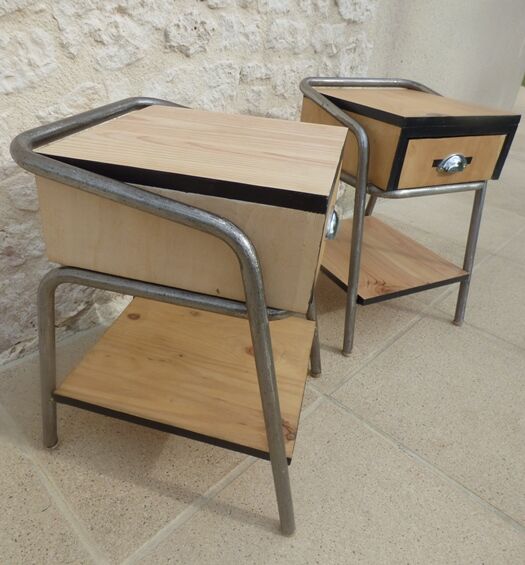 2 nightstands in wood and metal industrial style
