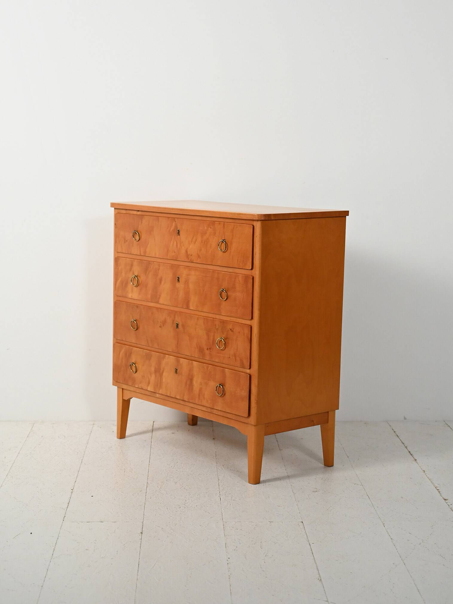 Scandinavian 1950s birch chest of drawers with brass handles