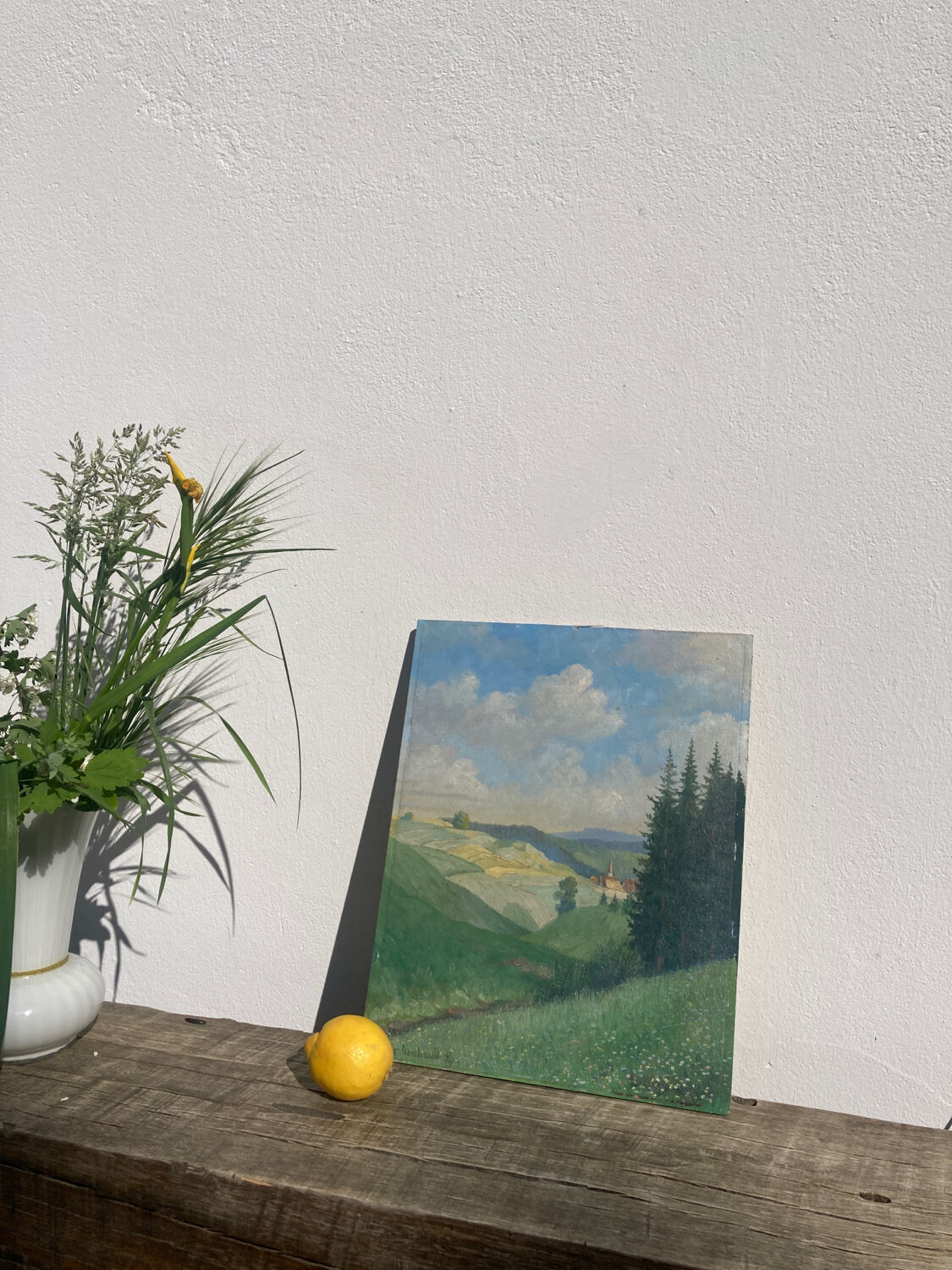 Old oil painting on wood panel / painting of a landscape