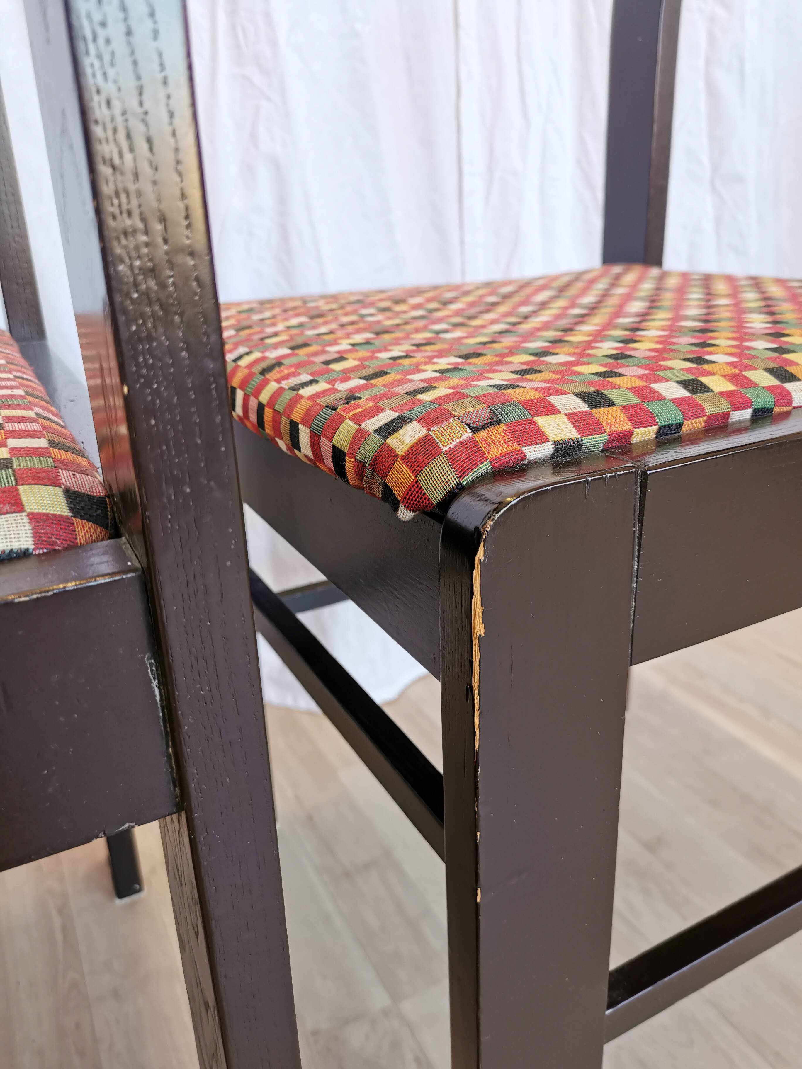 Vintage Black Wooden Dining Chairs: Retro Fabric Seats, 1970s Yugoslavia (S