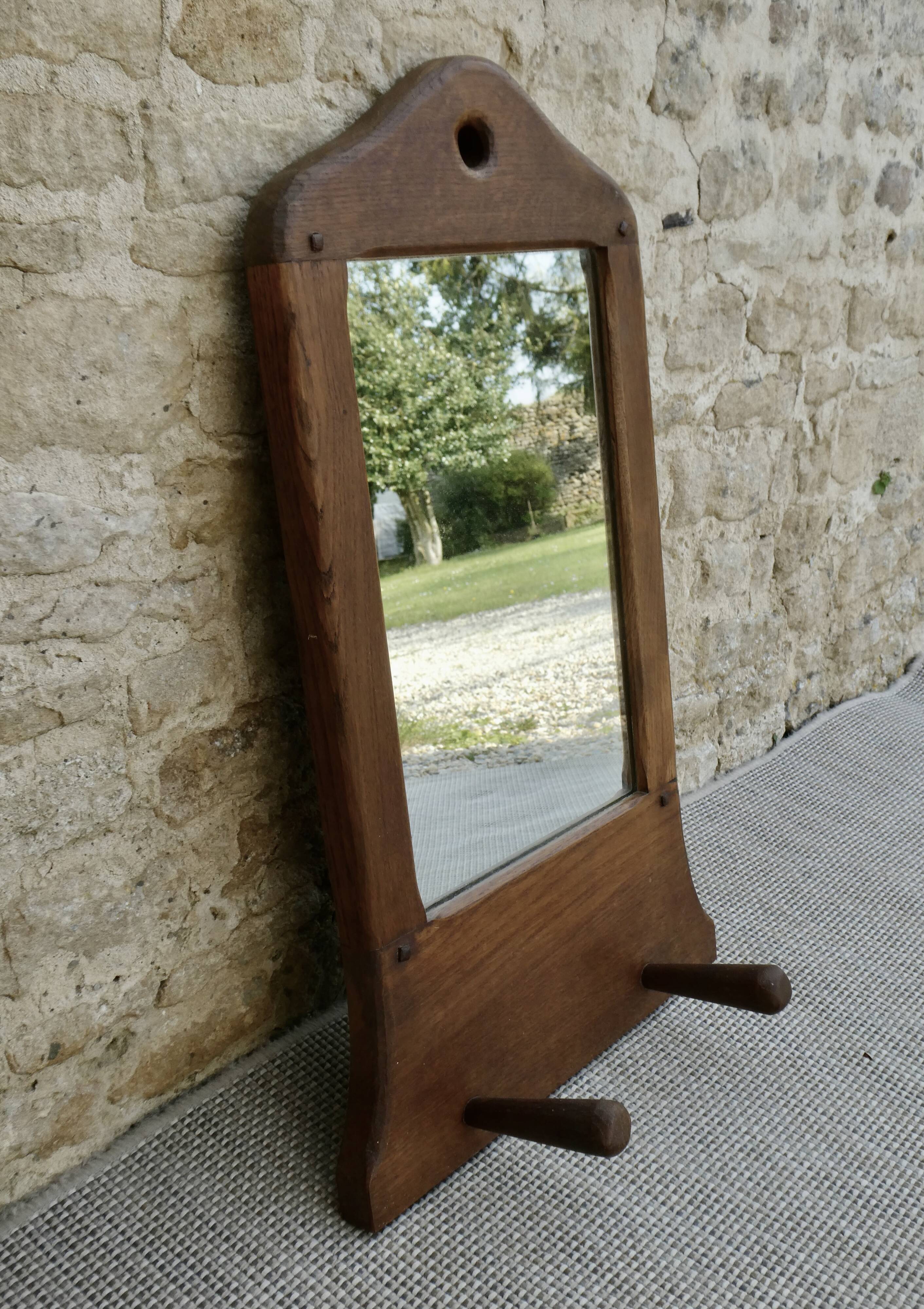 Miroir et portemanteau mural à 2 patères en bois massif, années 60