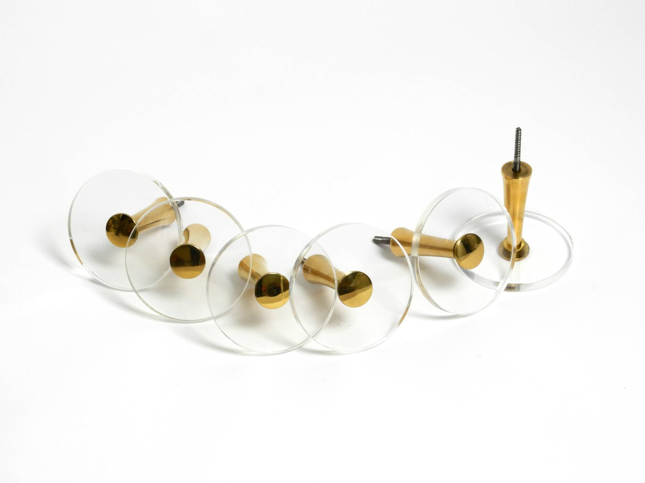 70s set of 6 coat hooks made of brass and plexiglass Vereinigte Werkstätten