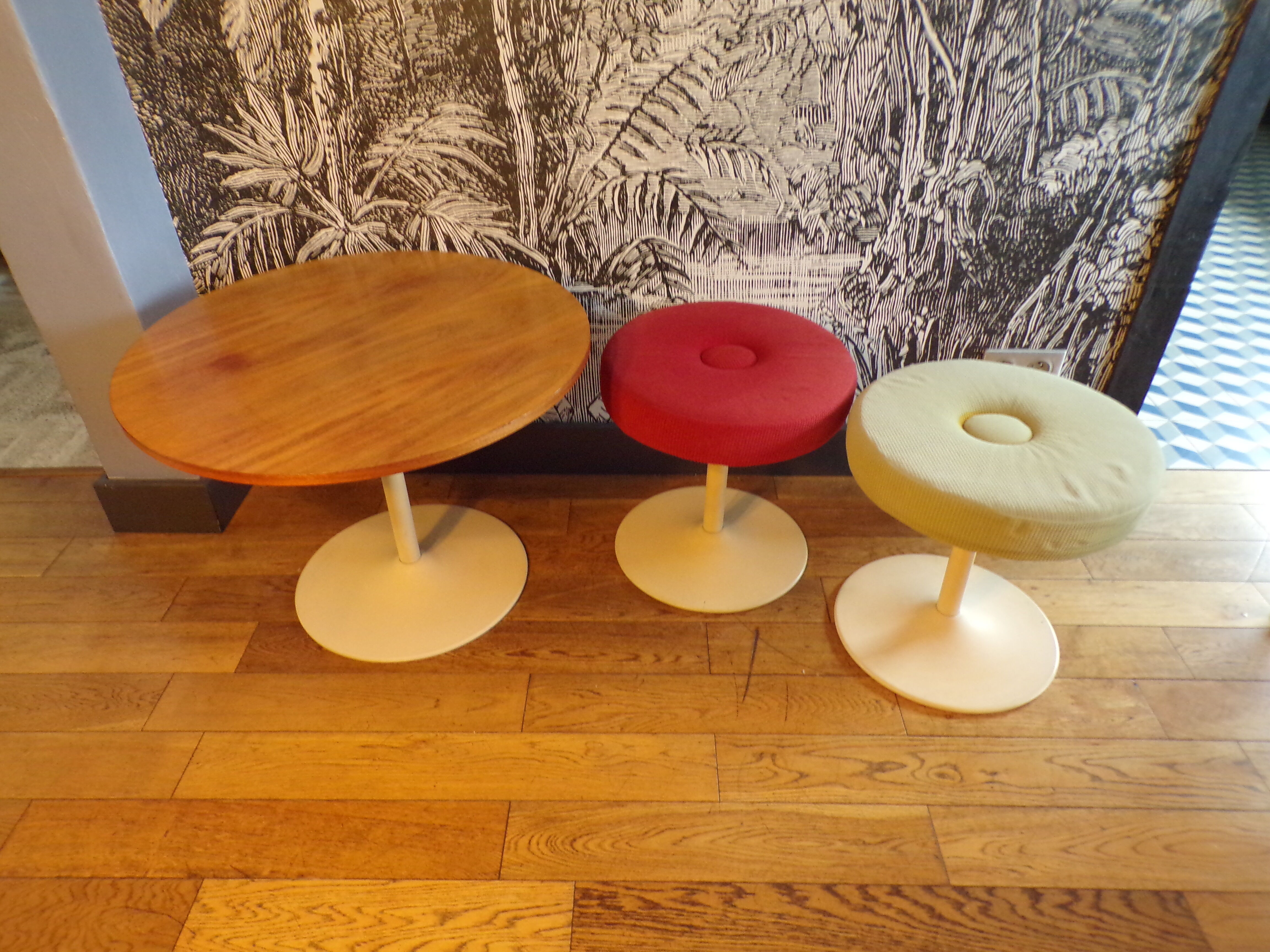 Coffee table and two tulip foot stools