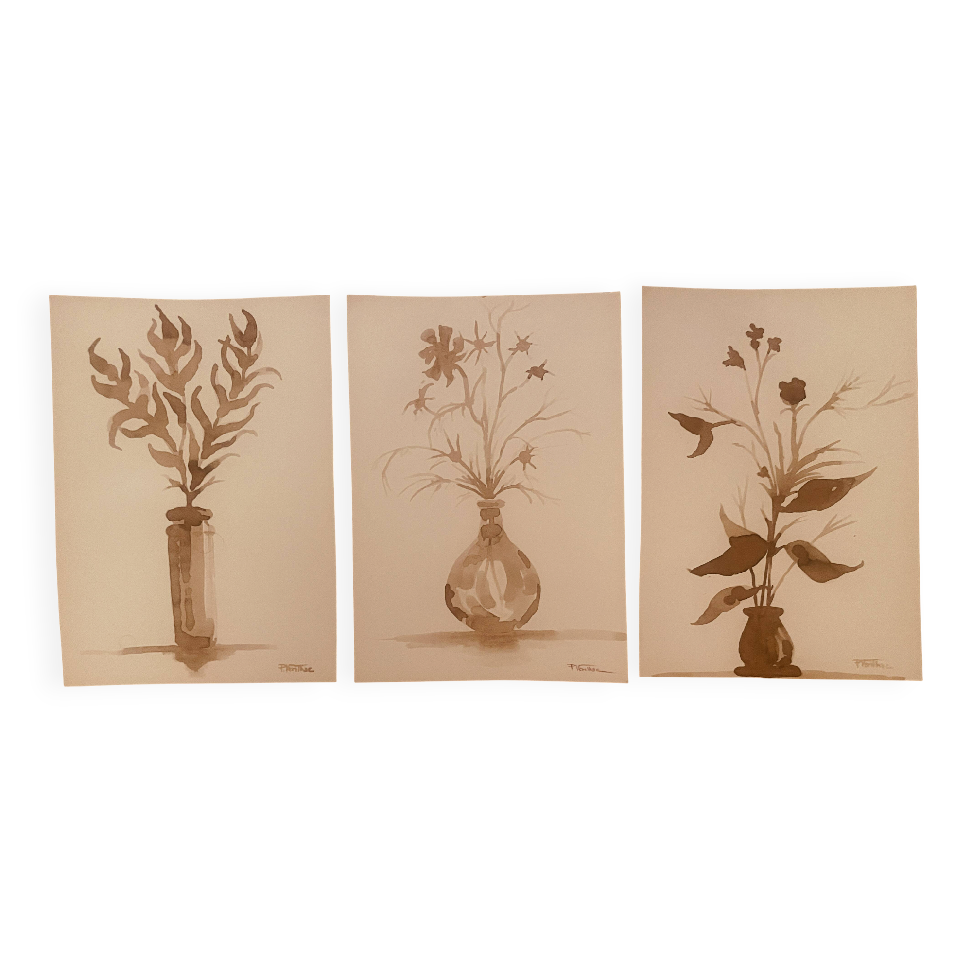 Lot de 3 tableaux nature morte vases fleurs séchées style Wabi Sabi