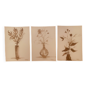 Lot de 3 tableaux nature morte vases fleurs séchées style Wabi Sabi