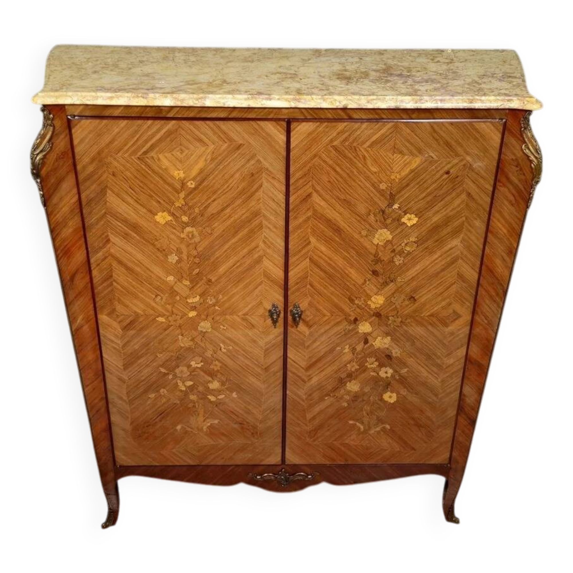 Curved Louis XV style armoire with floral marquetry, 20th century period.
