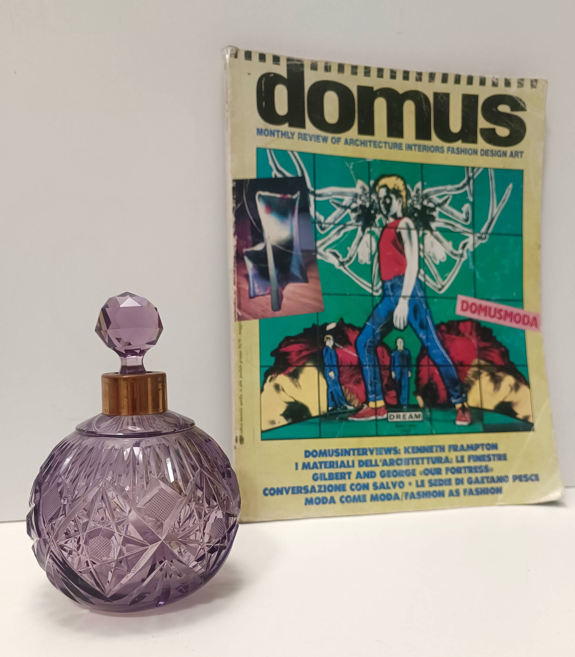 Lilac Hand Cut Crystal Glass And Brass Parfume Bottle, Italy