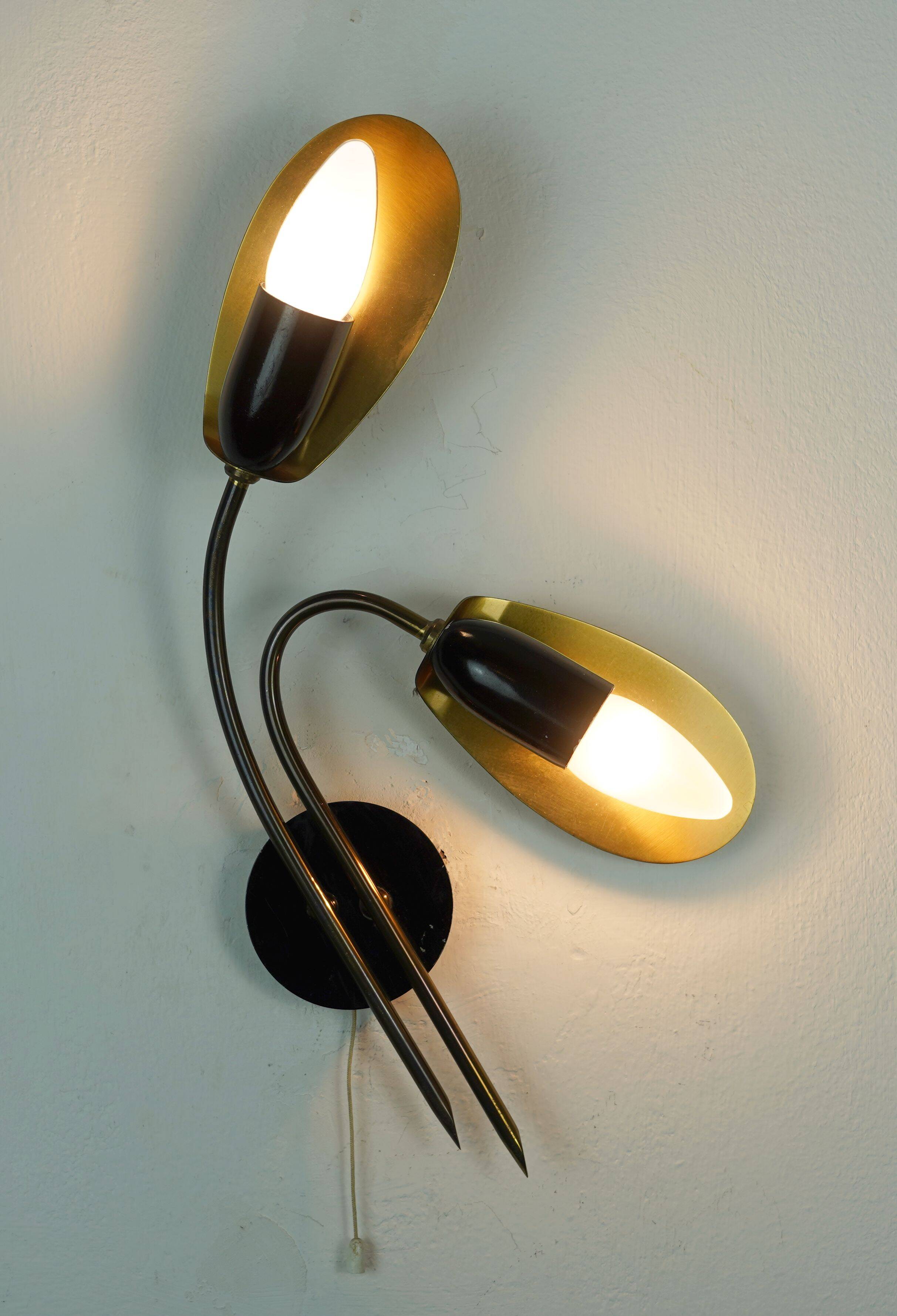 Pair of 1950s mid century sconces wall lamps brass black metal