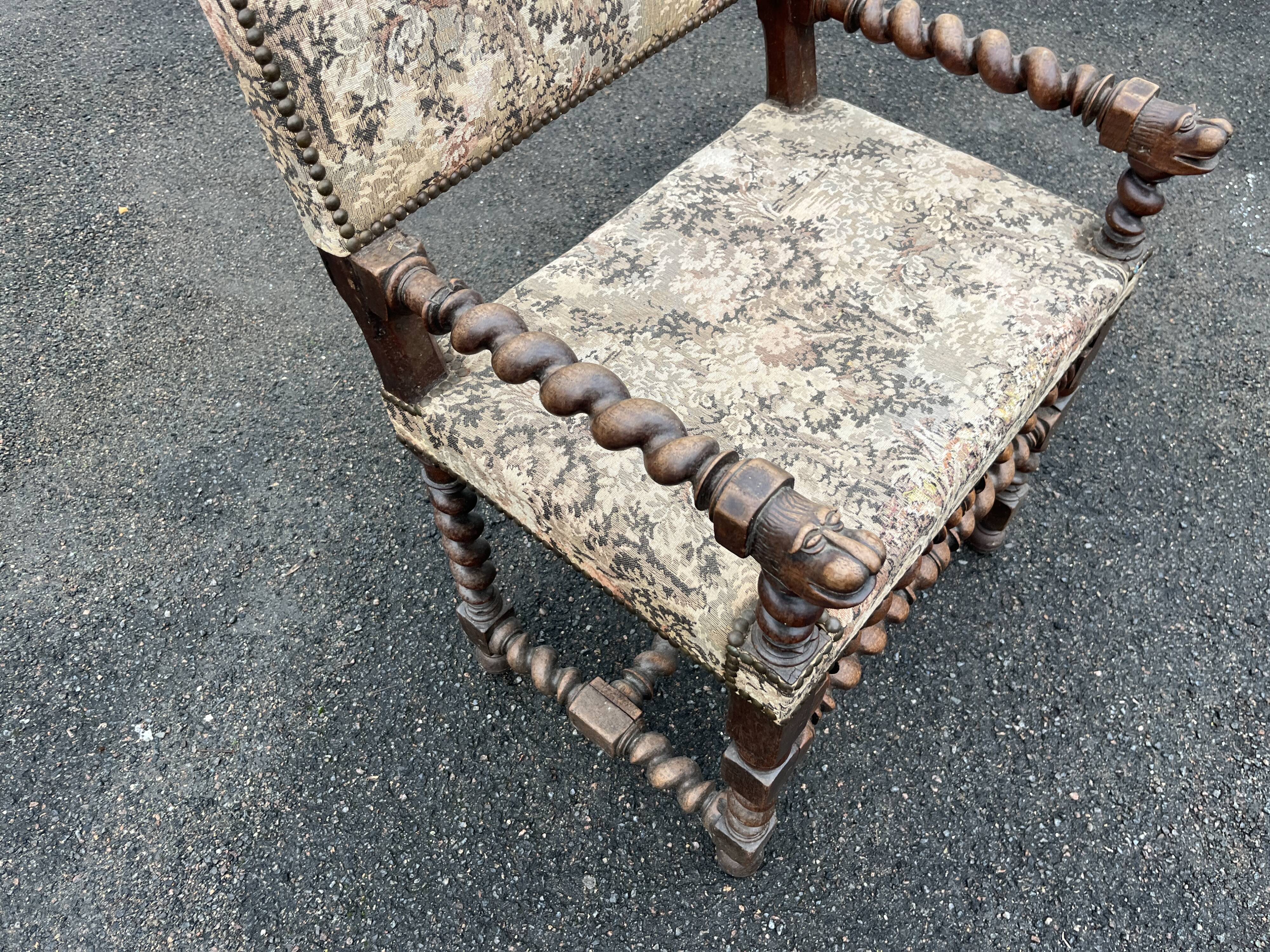 Louis XIII style armchair with twisted backrest and legs.
