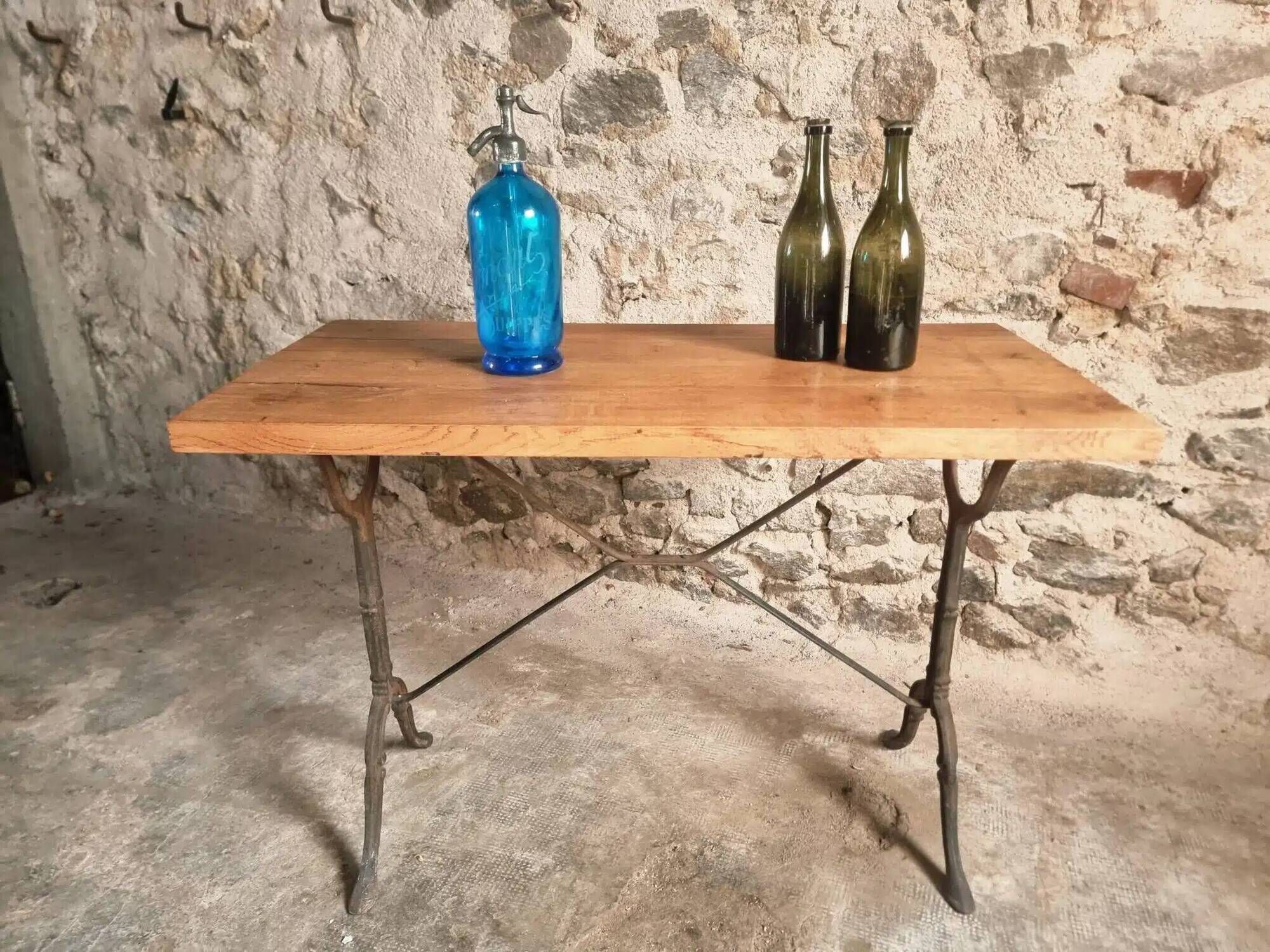 Vintage French Bistro Table | 1960s/70s Oak Top & Cast Iron Base | Retro Coffee & Wine Table
