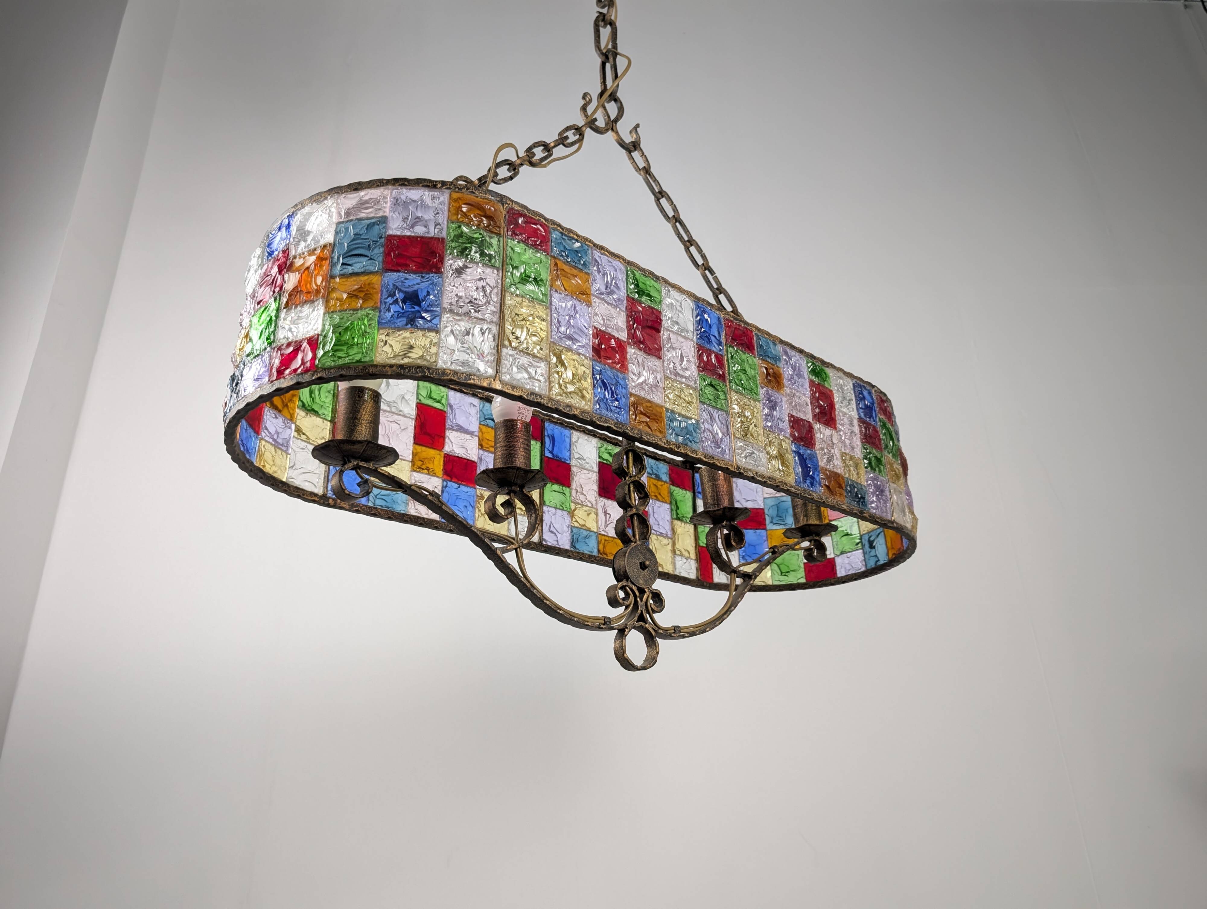 Large Italian Multi-Colored Hammered Crystal and Wrought Iron Chandelier