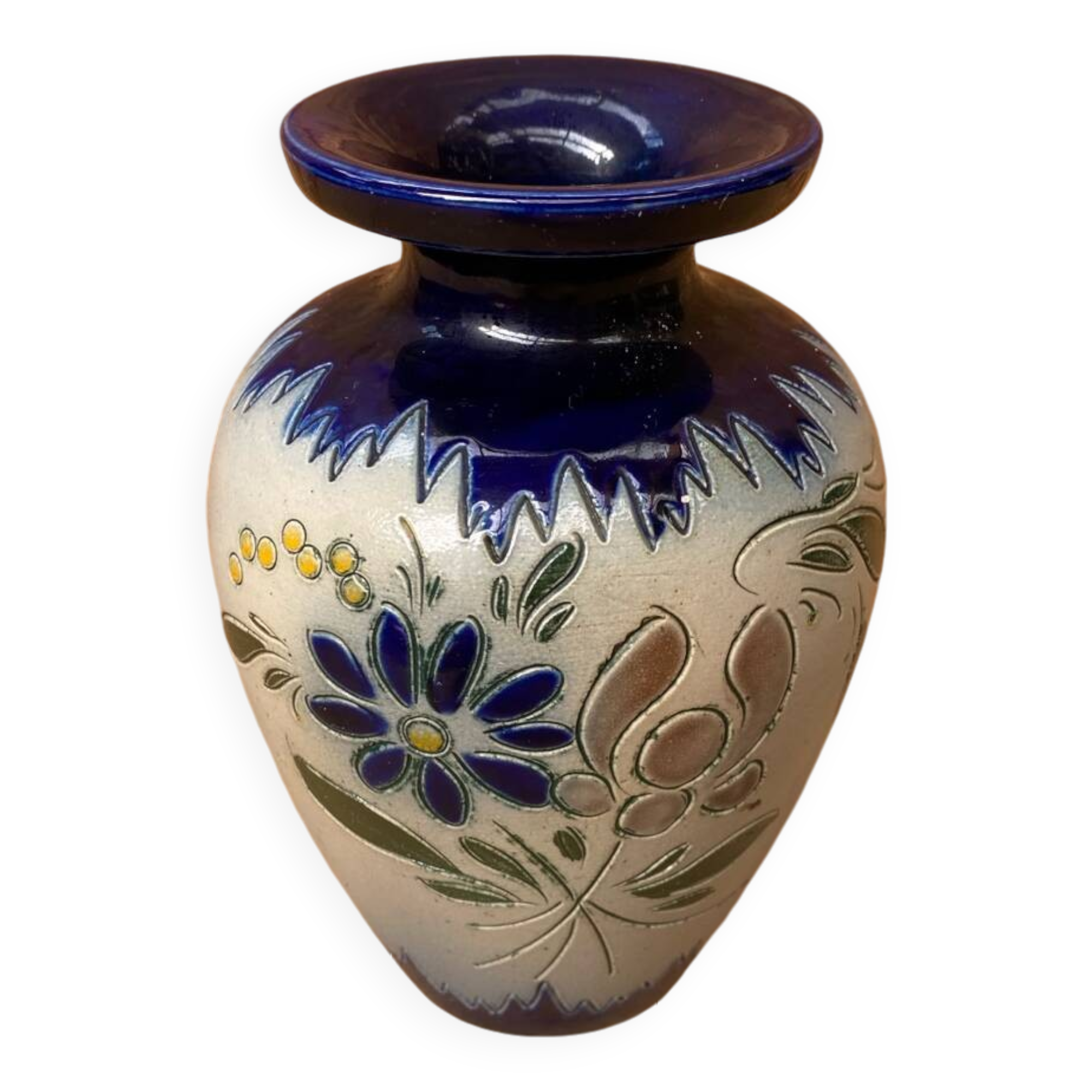 Ancien vase soliflore betschdorf schmitter grès bleu décor fleurs vintage #b647