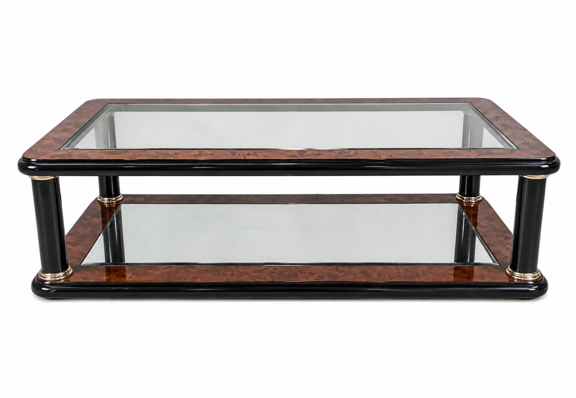 Grande table basse en loupe d’orme, verre et miroir – Design années 80