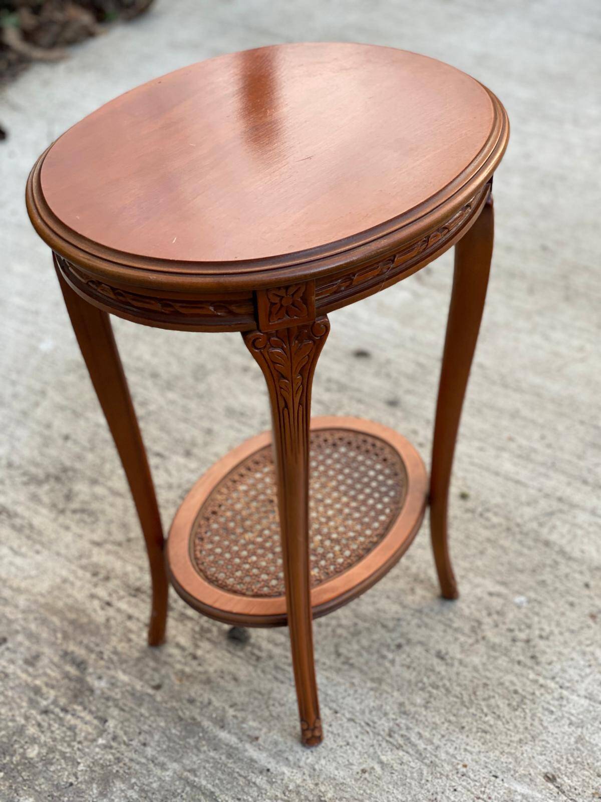 Louis XV oval pedestal table carved in solid cherry wood with cane bedside table