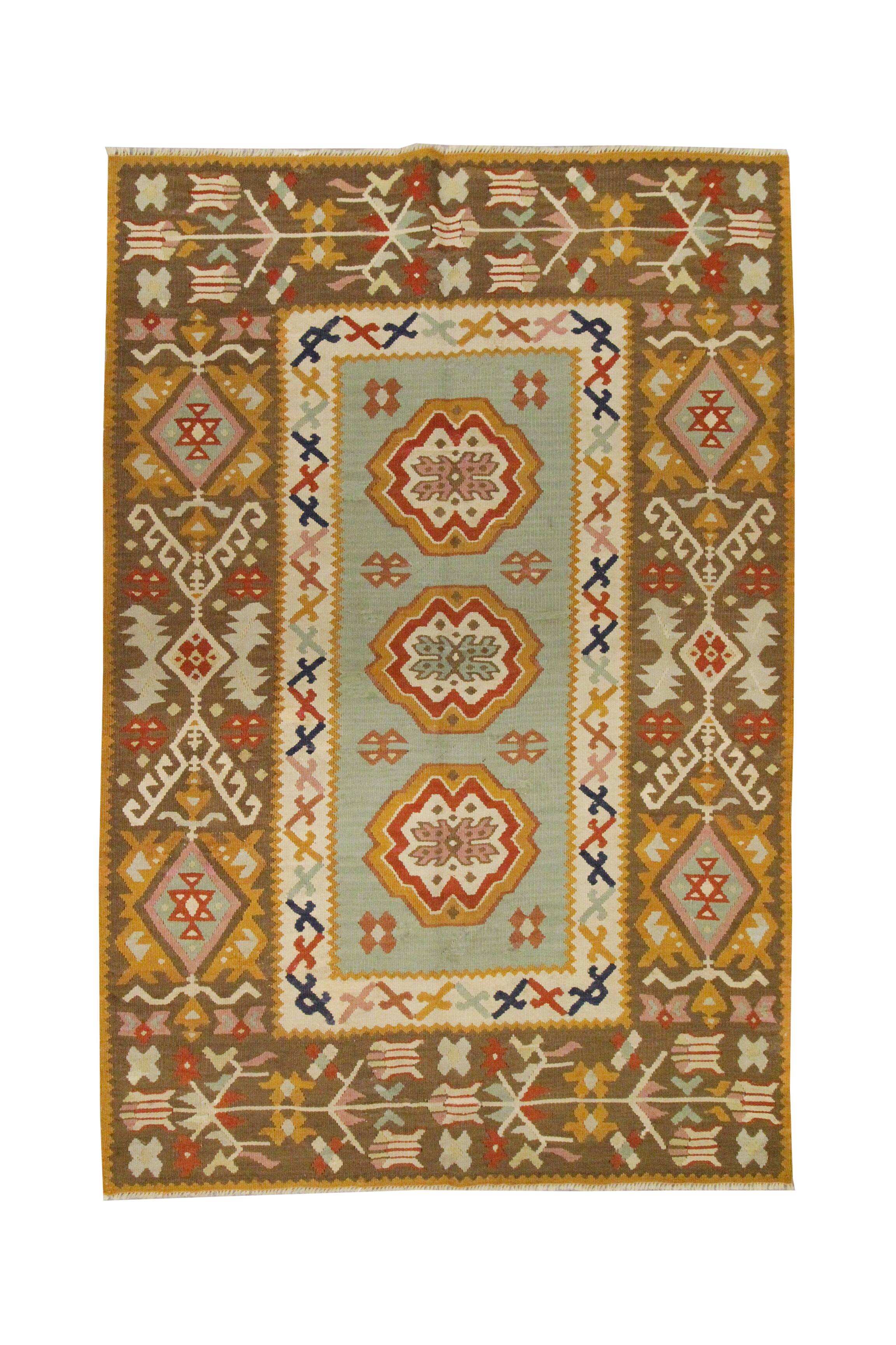 Antique Anatolian Kilim Rug, Turquoise Blue & Mustard Flatweave 141x93 cm