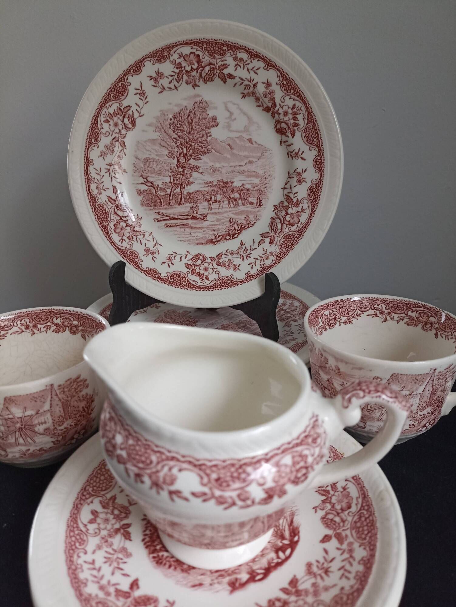 Staffordshire cups, saucers, plates and milk jar