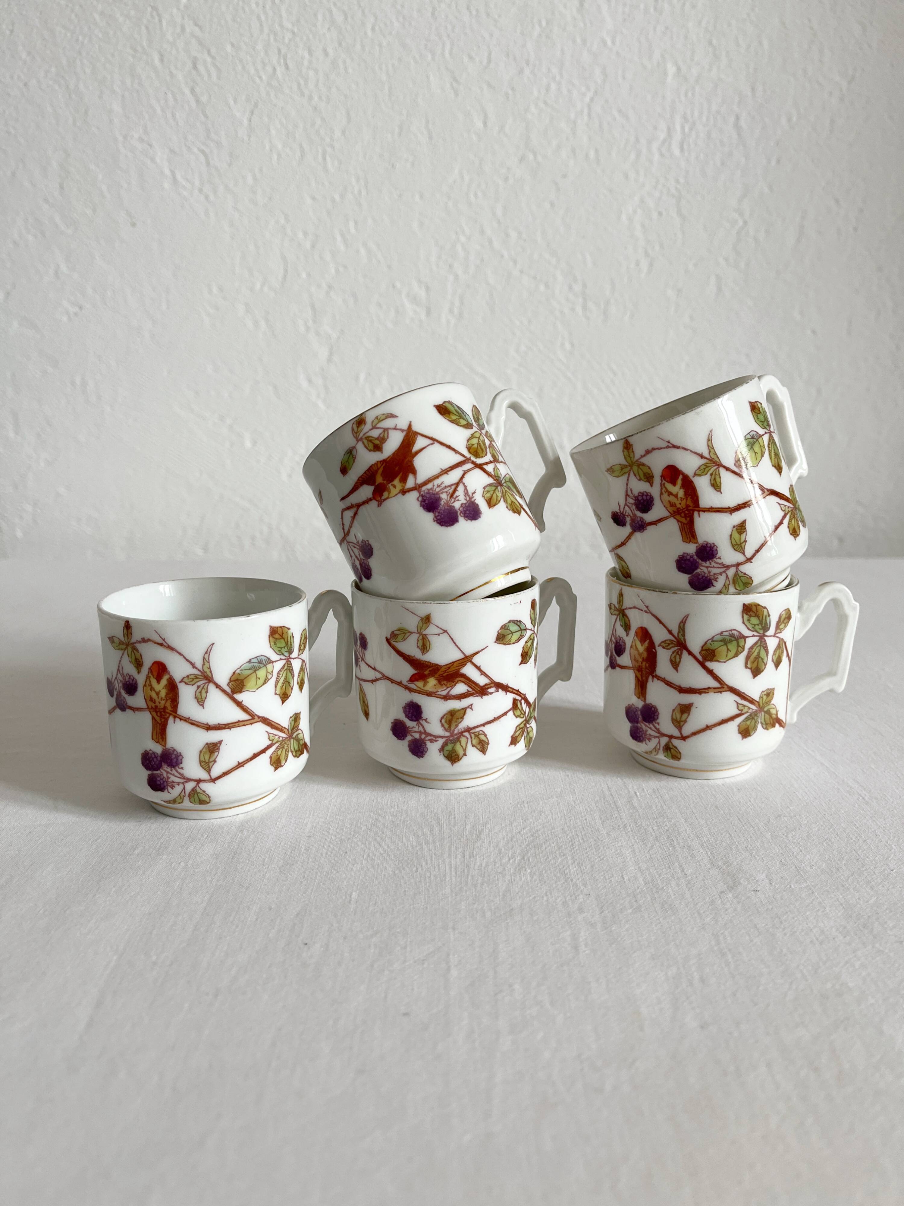 5 antique porcelain coffee cups decorated with birds