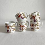 5 tasses à café en porcelaine ancienne décor d'oiseaux