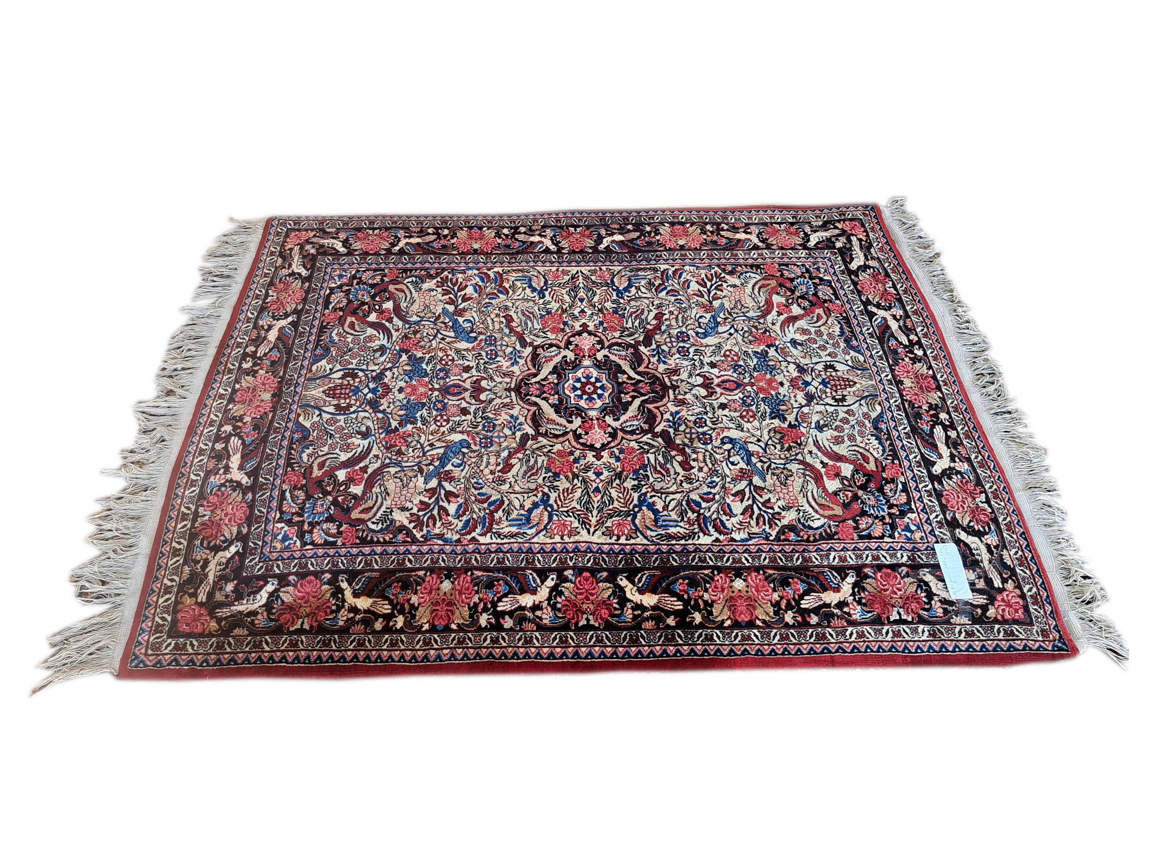 Bijar carpet, red and blue, bird patterns 120x158cm, Iran