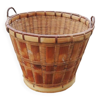 Ancien Panier / Cache Pot en Bambou / Osier Tressé avec Poignées