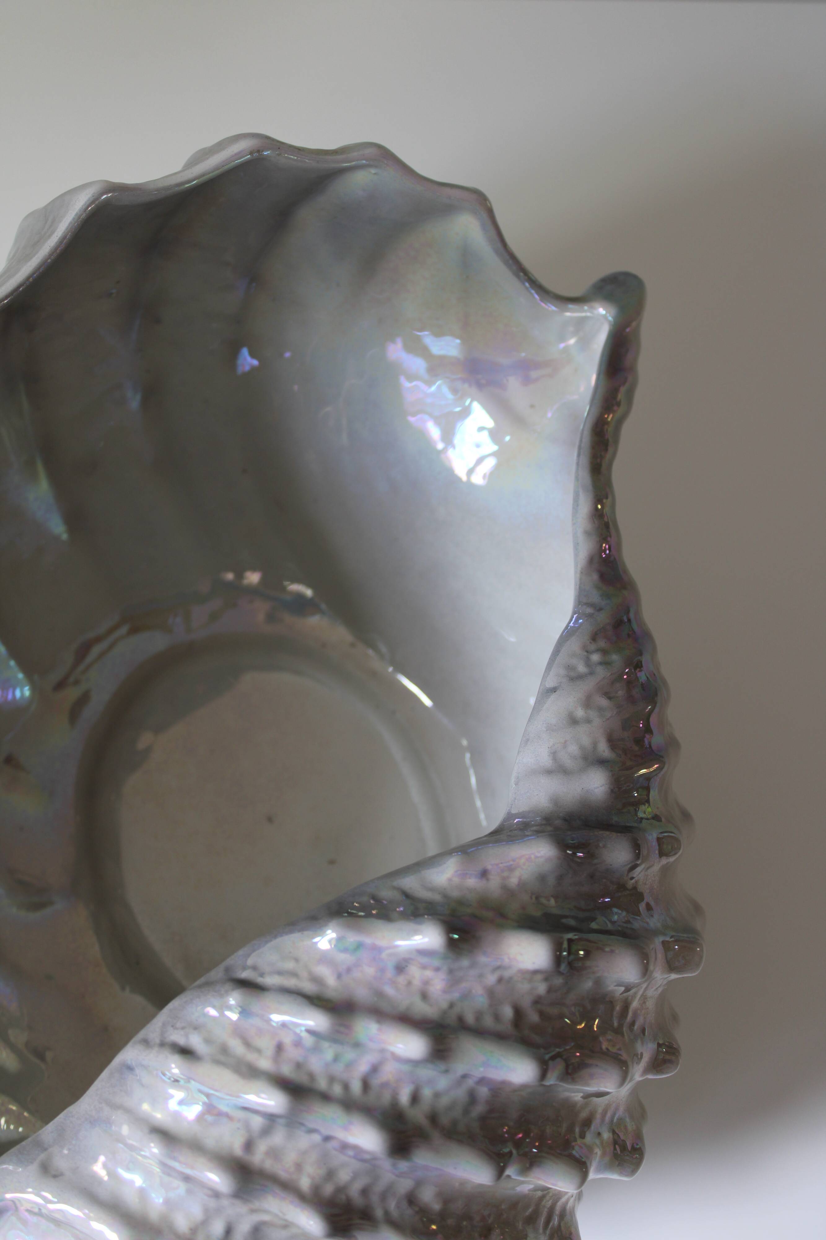 Large iridescent barbotine shell bowl, Italy vintage