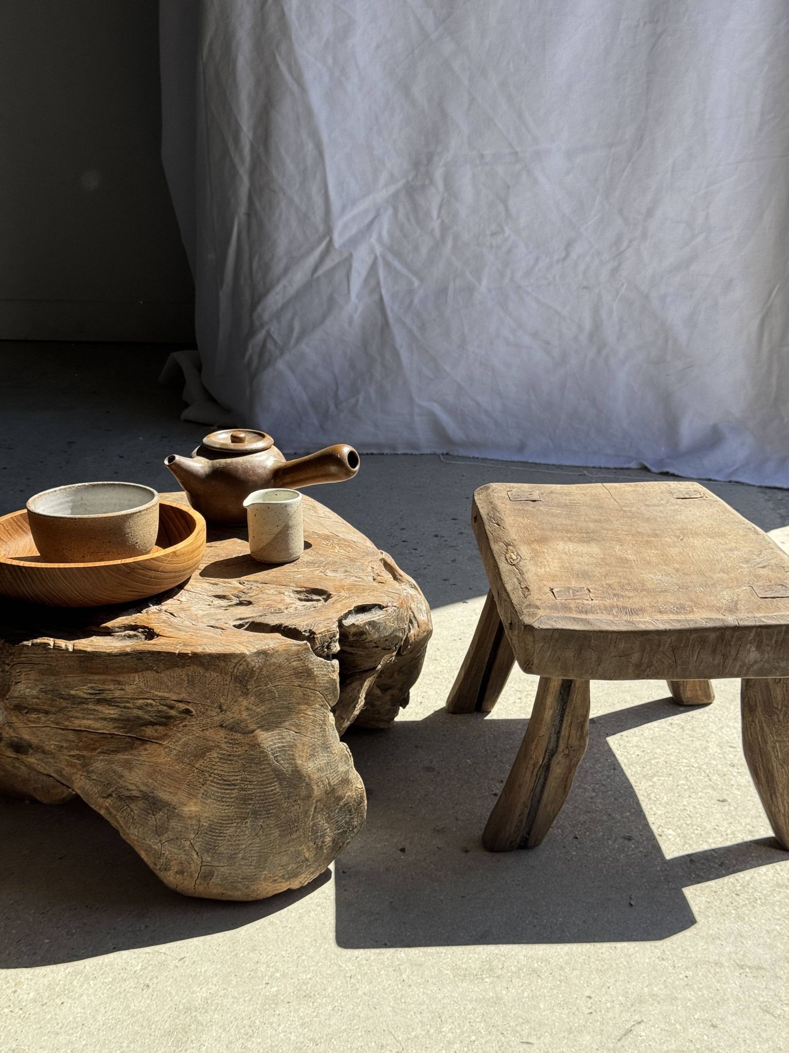 Small stool, rectangular accent stool in solid teak wabi-sabi H26.