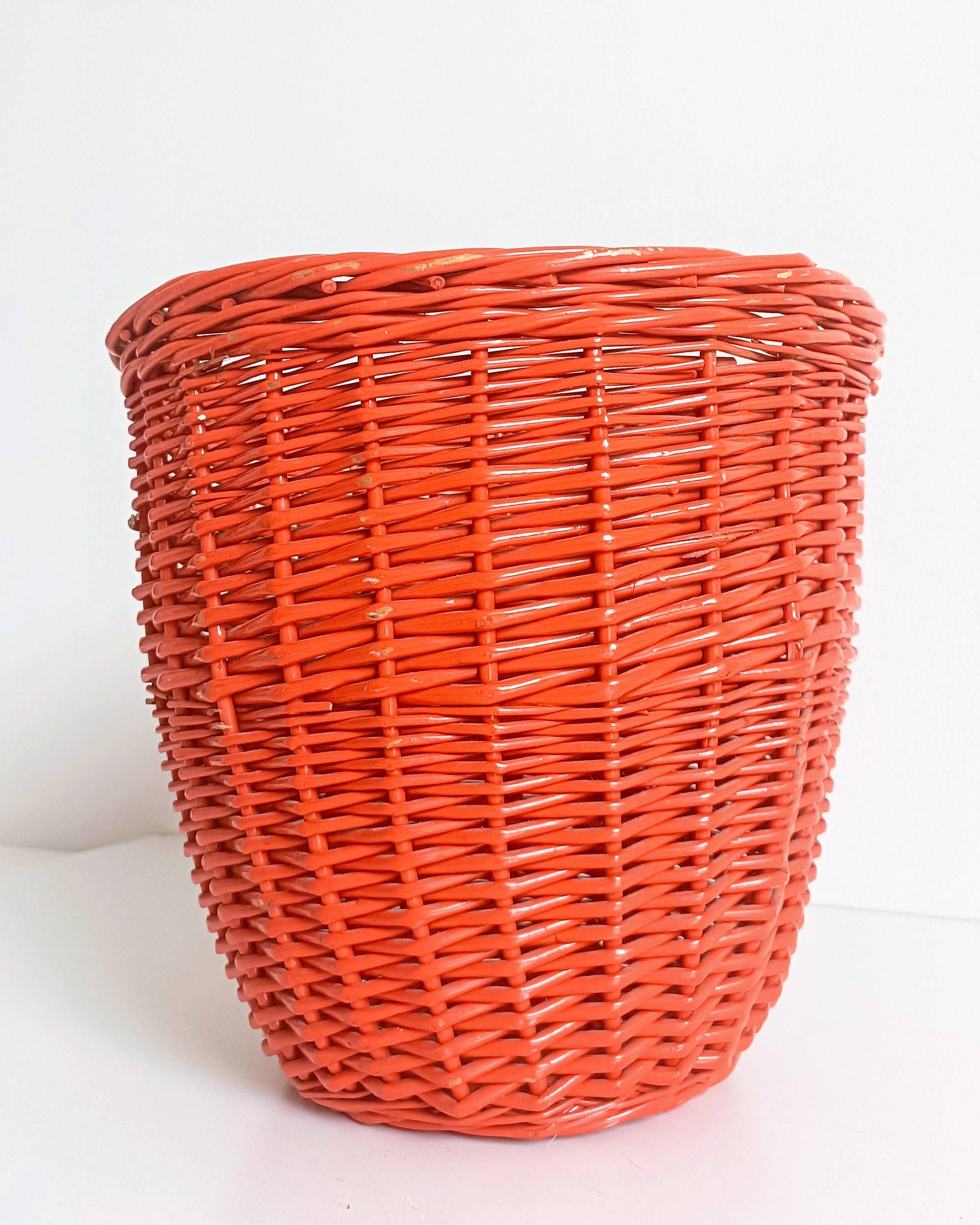 Bohemian Mid-Century Coral Red Wicker Basket, France, circa 1960s