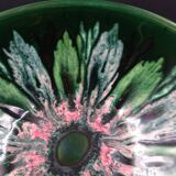 Green faience bowl decorated with multicolored drips around 1970