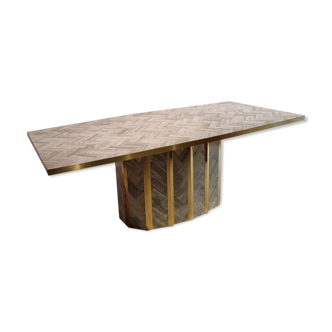Marble and brass dining table with marble inlay surface