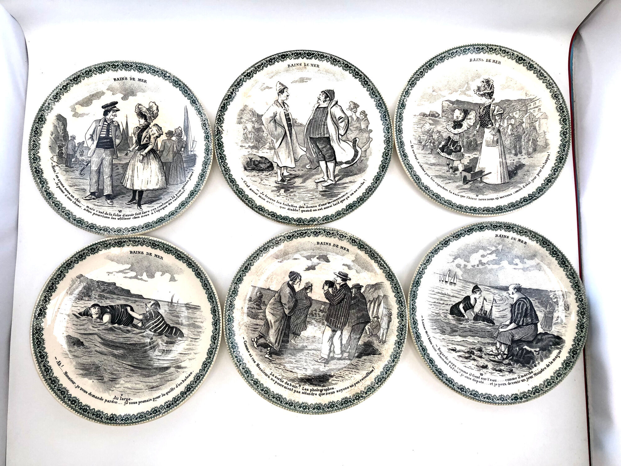Set of 6 old talking plates iron land HB Cie les bains de mer