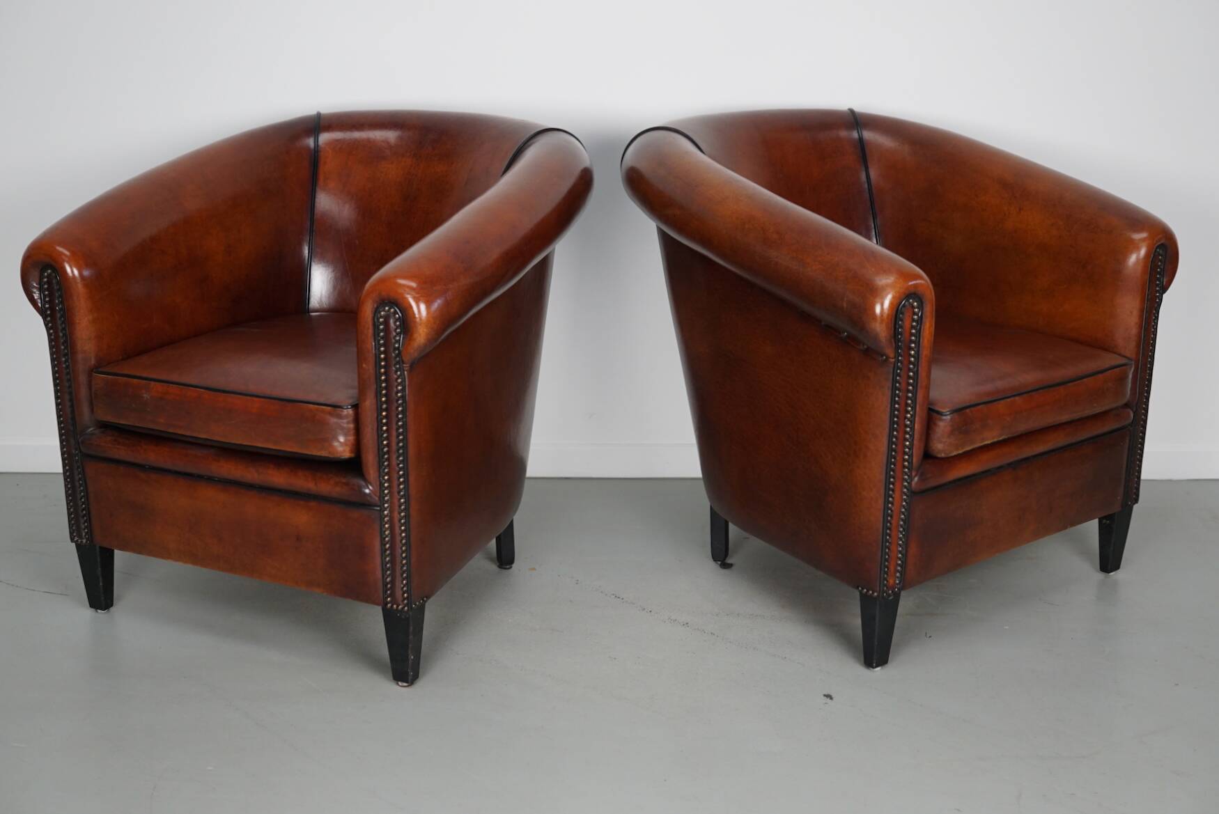 Vintage Dutch Cognac Leather Club Chairs, Set of 2