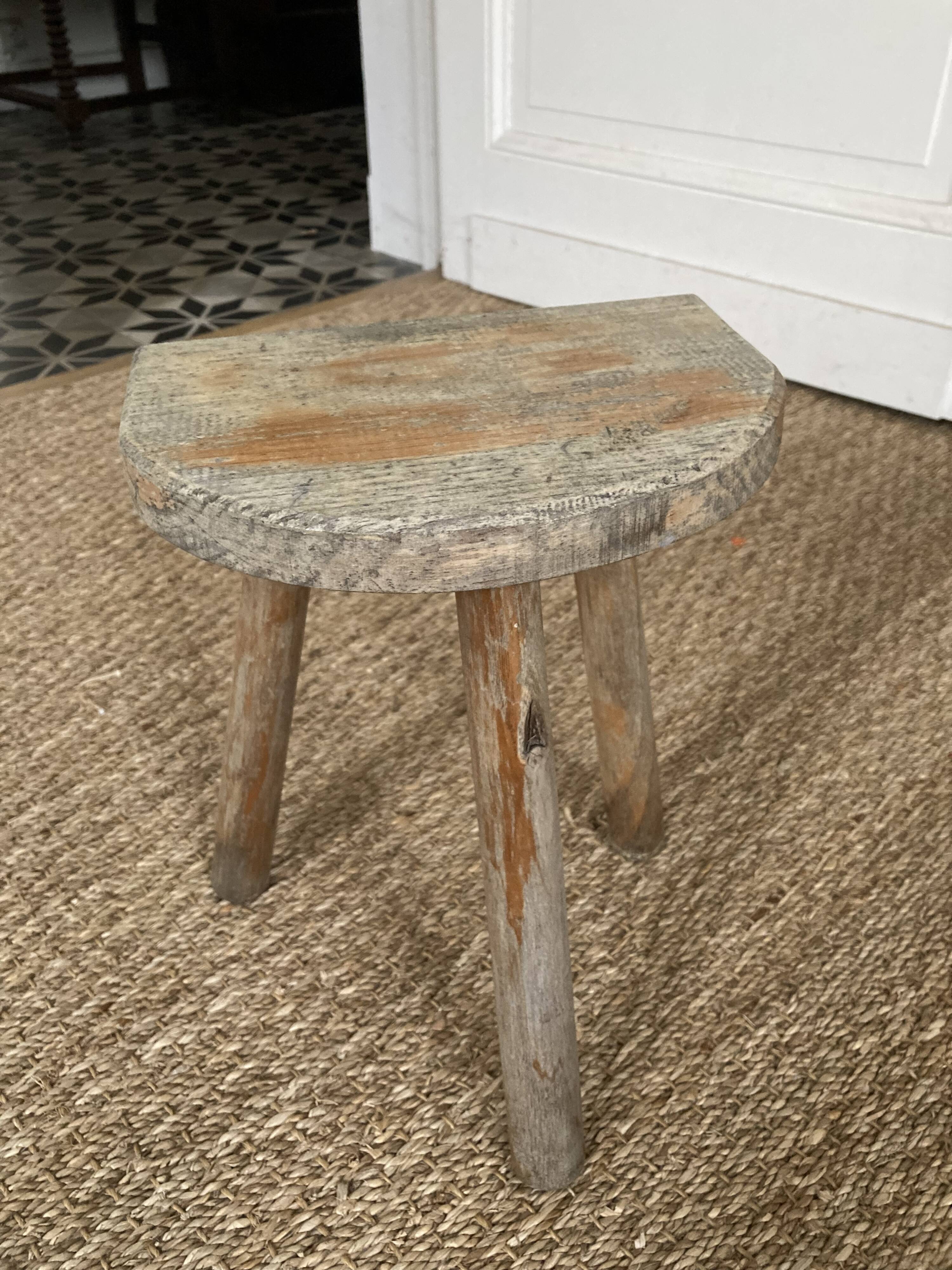 Antique brutalist wooden tripod stool