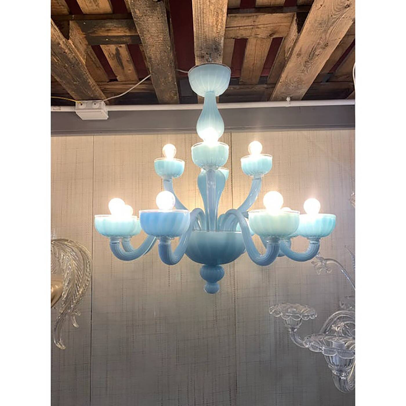 Contemporary Matte Light-Blue Murano Style Glass Chandelier