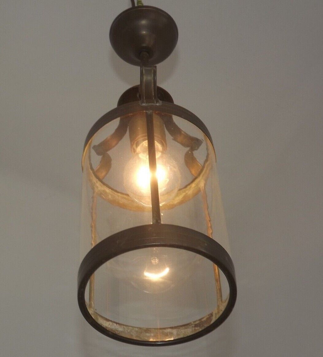 Vintage French Round Hall Lantern In Copper With Cylindrical Glass Shade 3681