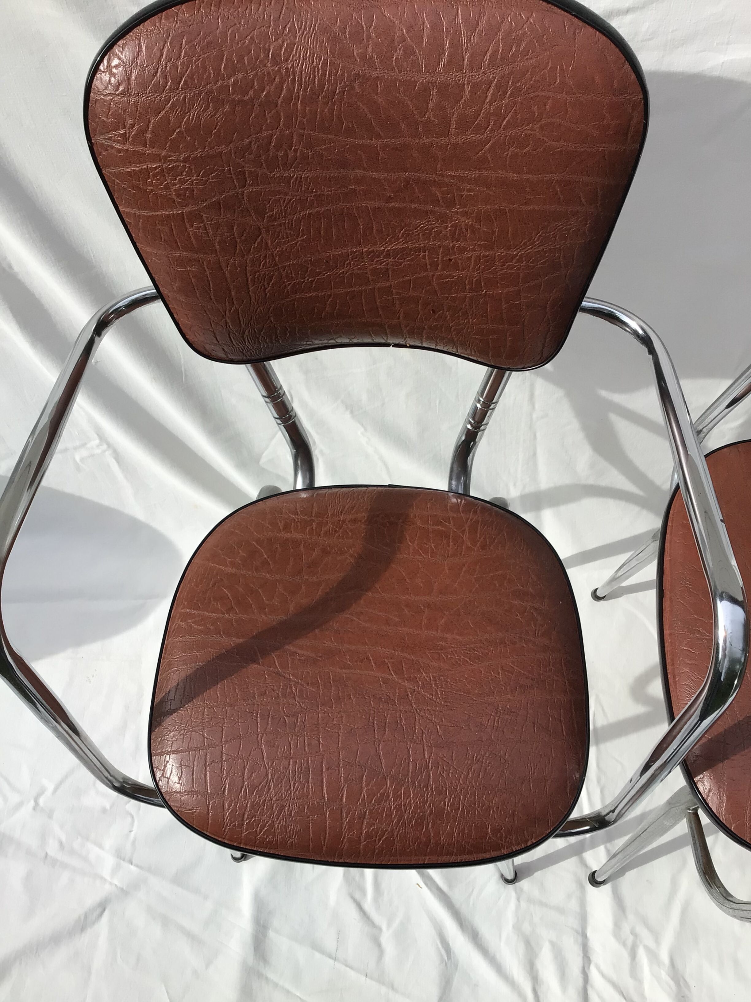 2 60's brown leatherette chrome metal kitchen armchairs