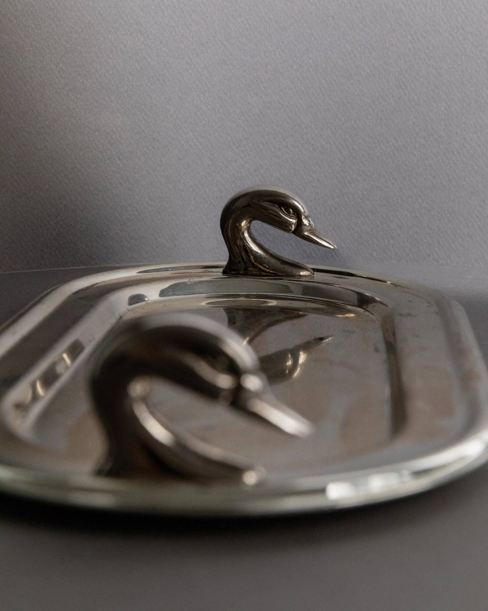 1960s vintage silver-plated oval tray with swan head handles.