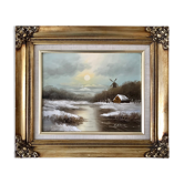 Painting oil on canvas landscape pond and mills wooden frame signed 40s-50s