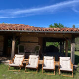 4 garden armchairs 1970 in pine and beige fabric