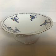 Old shower tray with silver trim and forget-me-not flowers.
