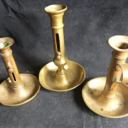 Set of 3 antique push-button bronze candlesticks from the Napoleonic III era.