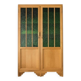 Armoire Art Déco en chêne et verre cathédrale vert - Années 1930